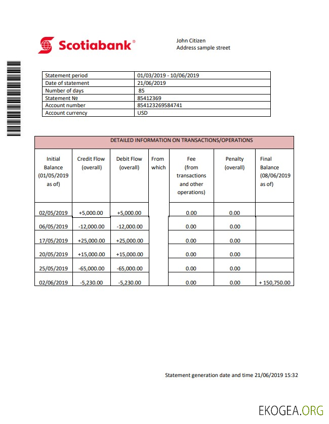 Modèle de relevé de preuve d'adresse de la Banque Scotia de Hong Kong en format Word et PDF (.doc et .pdf)